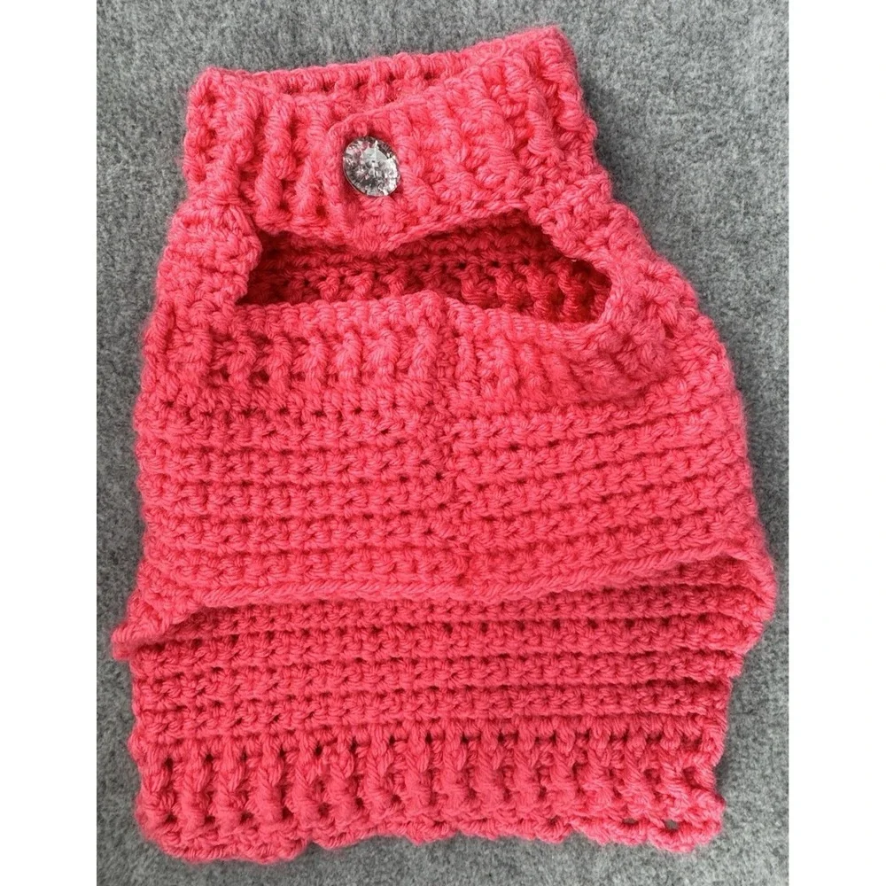 Extra Small Dog Sweater Crochet Bright Pink Rhinestone Button